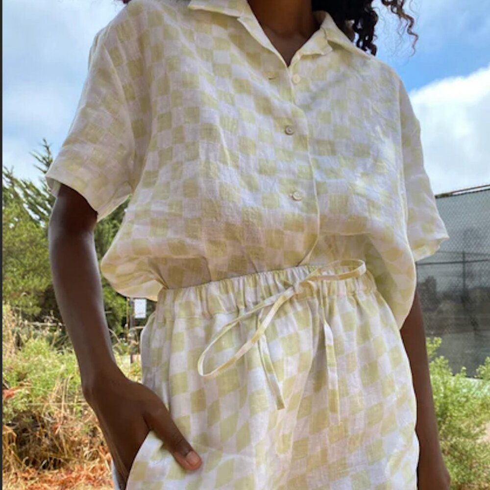 Holiday the Label Cream Check Short Set S 100% Linen